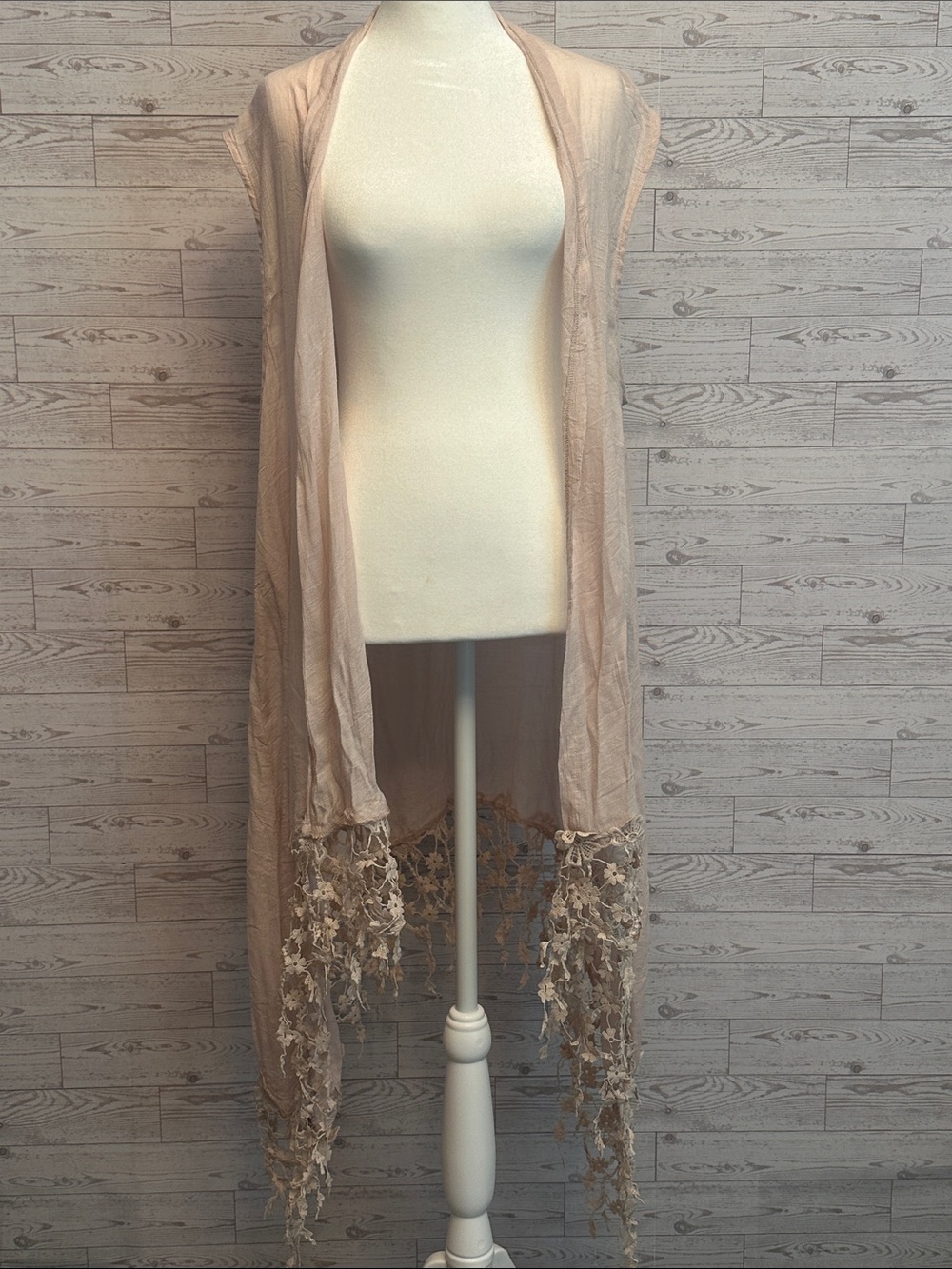 Adorn Blush Boho Lace Hem Open Front Duster Cardigan